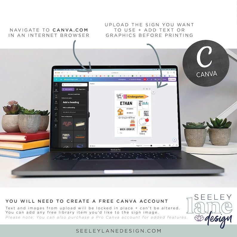 May include: A laptop computer displaying a Canva design template for a personalized kindergarten sign. The sign features the name "Ethan" and includes information about the student's age, height, and favorite things. The design is colorful and features a school bus, a house, and a book.