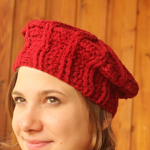 Hand-knitted woolen beanie, Boho winter wear for women and men in red