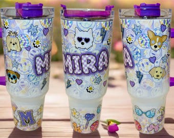 Vaso Stanley Cup personalizado de 40 oz - Diseño de cachorros preppy morados, patrón personalizado, regalo para beber