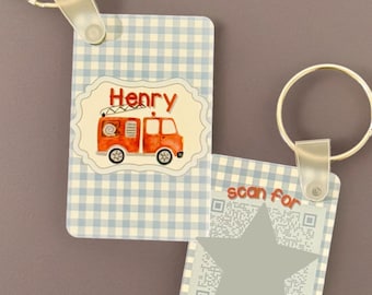 Emergency contact keychain with QR code on back, cute personalized safety accessory for kids, trendy custom keychain for school or camp