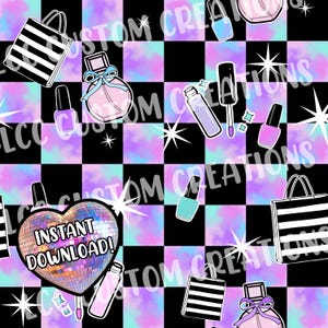 Könnte beinhalten: Ein sich wiederholendes Muster mit Parfümflaschen, Nagellack, Einkaufstaschen und einem Herz in Form einer Discokugel mit dem Text "INSTANT DOWNLOAD!" auf einem karierten Hintergrund mit einem Batik-Effekt in Lila, Blau und Schwarz.