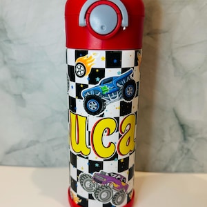 Monster truck kids tumbler with lid, leakproof, dishwasher safe, stainless steel; multiple personalization and color options available