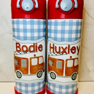 Preppy firetruck kids tumbler with lid, leakproof, dishwasher safe, stainless steel; grandmillenial, pastel, gingham; boys firetruck bottle