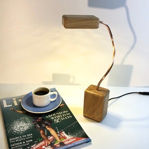 oak table lamp, oak lamp, copper lamp, wood and copper, contemporary lamp, oak and copper, reading lamp, table lamp, bedside lamp, led lamp image 1