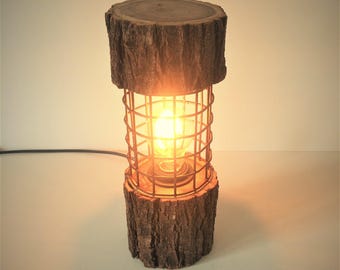 rustic lamp, cage lamp, log lamp, log light, rustic gift, rustic lighting, rusty metal, floor lamp, wooden lamp, wood lamp, vintage lamp