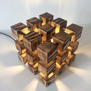 Unusual Wooden Table Lamp Square Cube Molecular Molecule Desk Light Burnt Wood Abstract Designer Handmade Feature image 2