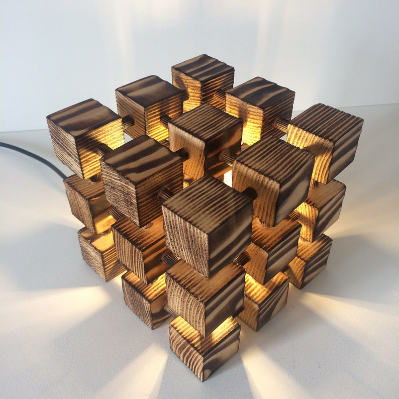 Unusual Wooden Table Lamp Square Cube Molecular Molecule Desk Light Burnt Wood Abstract Designer Handmade Feature image 2