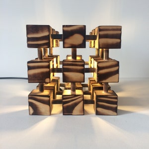 Unusual Wooden Table Lamp Square Cube Molecular Molecule Desk Light Burnt Wood Abstract Designer Handmade Feature image 3