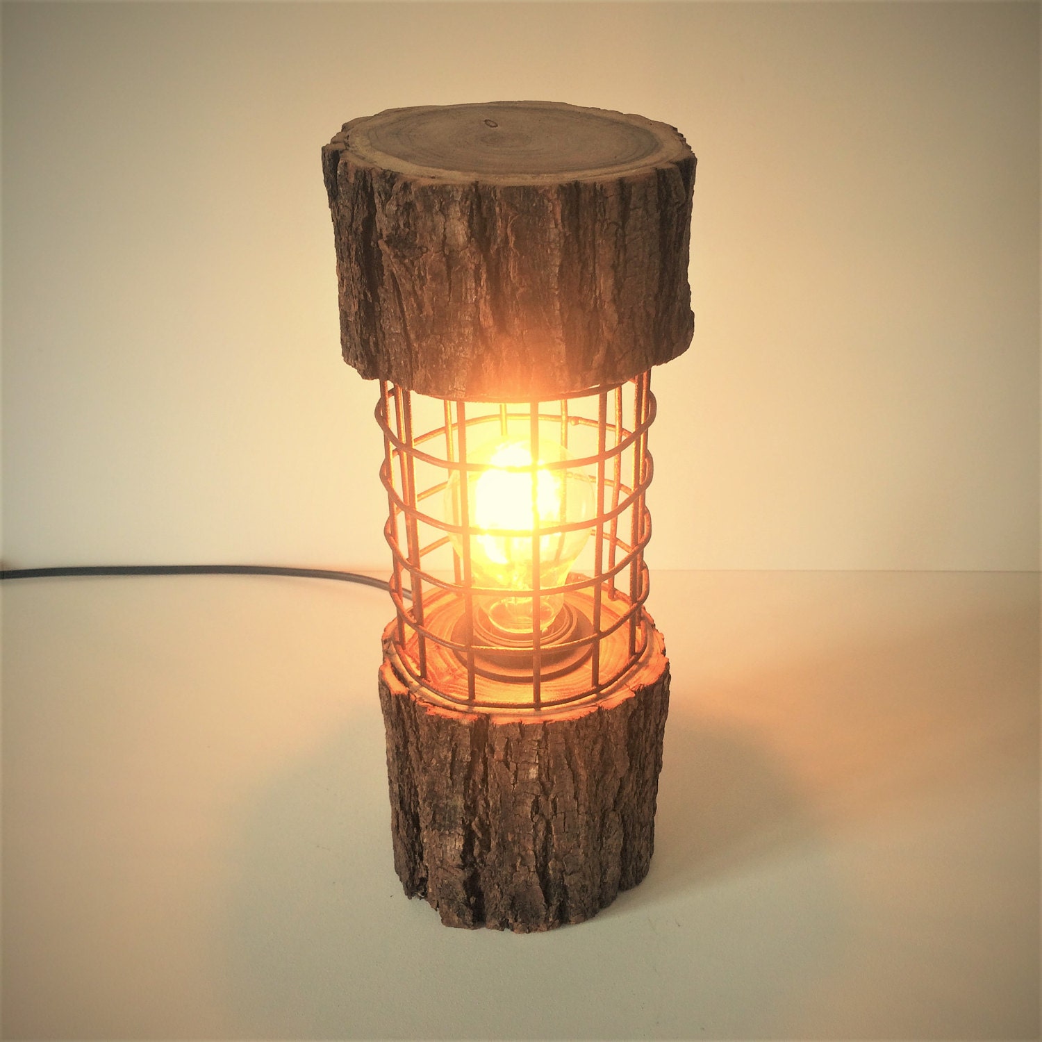 Rustic Lamp Log Light Log Lamp Desk Lamp Industrial Lamp Cage Lamp - Etsy