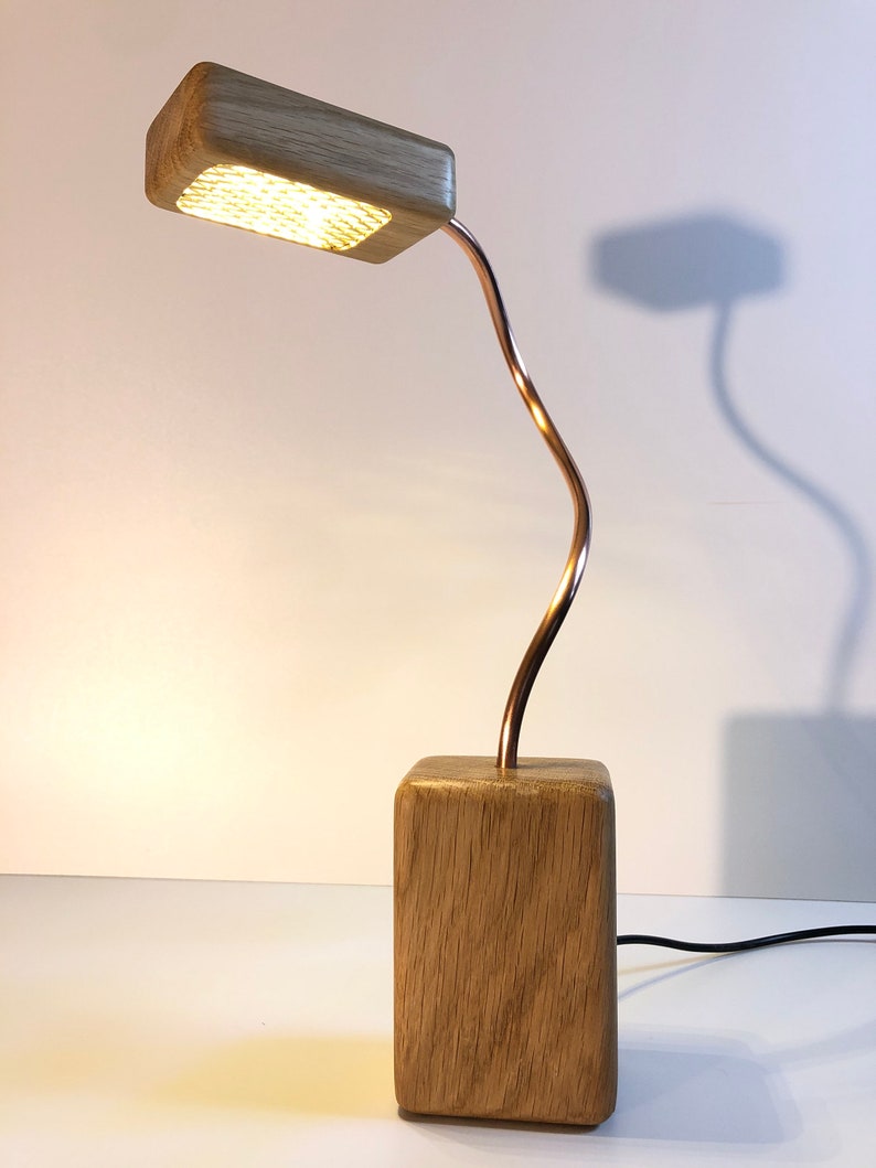 oak table lamp, oak lamp, copper lamp, wood and copper, contemporary lamp, oak and copper, reading lamp, table lamp, bedside lamp, led lamp image 4