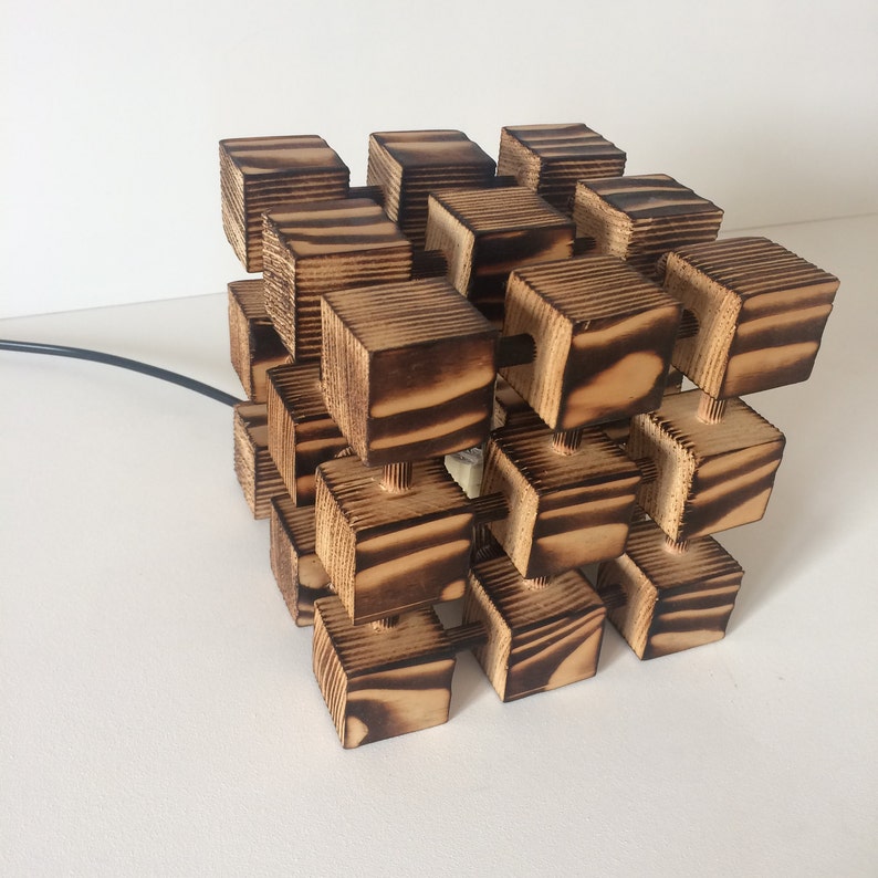 Unusual Wooden Table Lamp Square Cube Molecular Molecule Desk Light Burnt Wood Abstract Designer Handmade Feature image 4