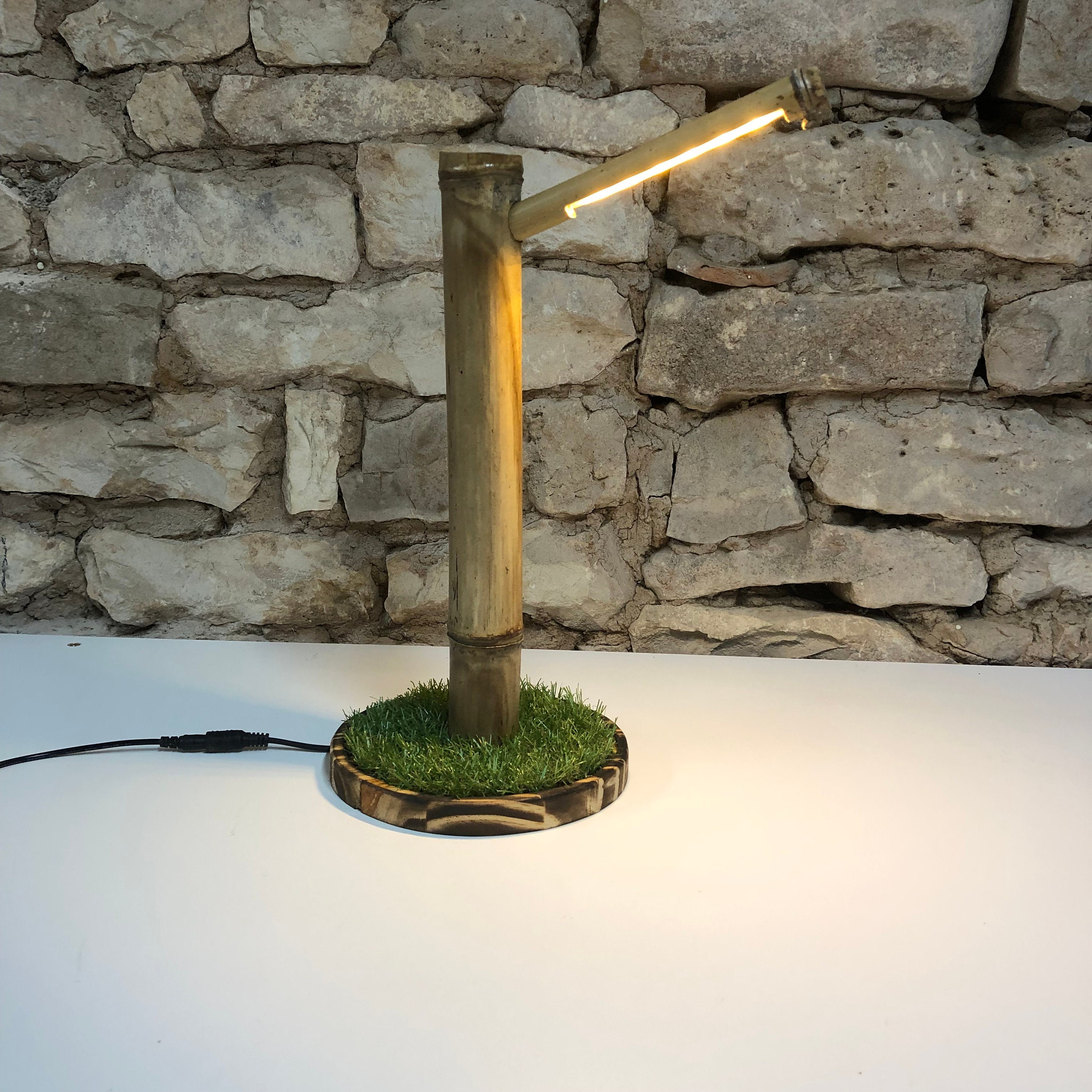 Lampe Bambou, Lampe A Poser, Rustique, Led, Lamp Fait Main, Des Bois, Gazon, Herbe,