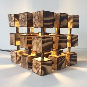 Unusual Wooden Table Lamp Square Cube Molecular Molecule Desk Light Burnt Wood Abstract Designer Handmade Feature image 1