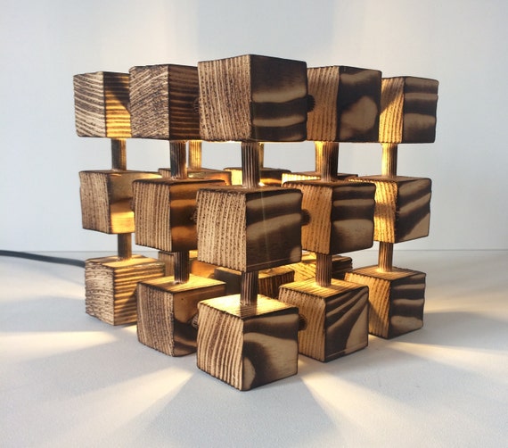 Unusual Wooden Table Lamp Square Cube Molecular Molecule Desk