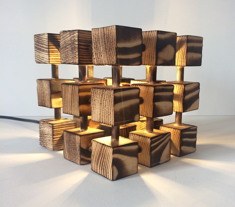 Unusual Wooden Table Lamp Square Cube Molecular Molecule Desk Light Burnt Wood Abstract Designer Handmade Feature image 1