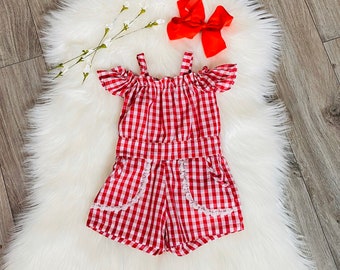 red gingham romper baby