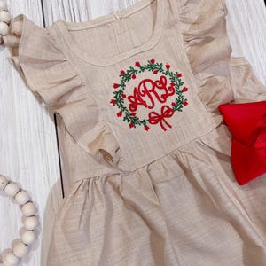 Girls Christmas embroidered dress, Christmas personalized dress, pinafore holiday dress, picture with Santa dress,