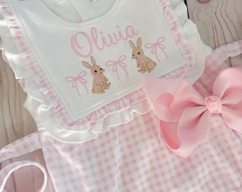 Baby Girls embroidered Easter Romper, pink gingham outfit, my first Easter, ruffle bib romper