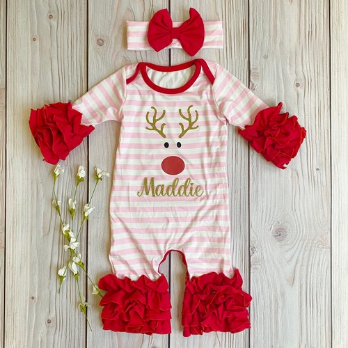 Christmas Romper Reindeer Romper Christmas Outfit Baby Girl Etsy
