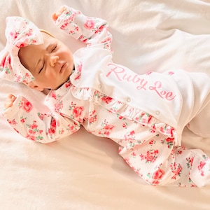 Baby girl embroidered Footies, pink floral outfit, Coming home outfit, Ruffled Footies