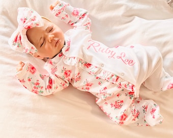 Baby girl Footies, Personalized Footies, pink floral outfit, baby girl personalized name, Coming home outfit, Ruffled Footies