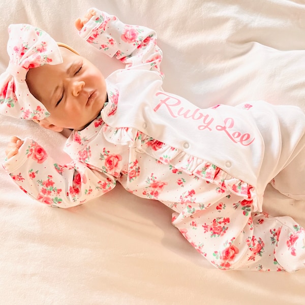 Baby girl Footies, Personalized Footies, pink floral outfit, baby girl personalized name, Coming home outfit, Ruffled Footies