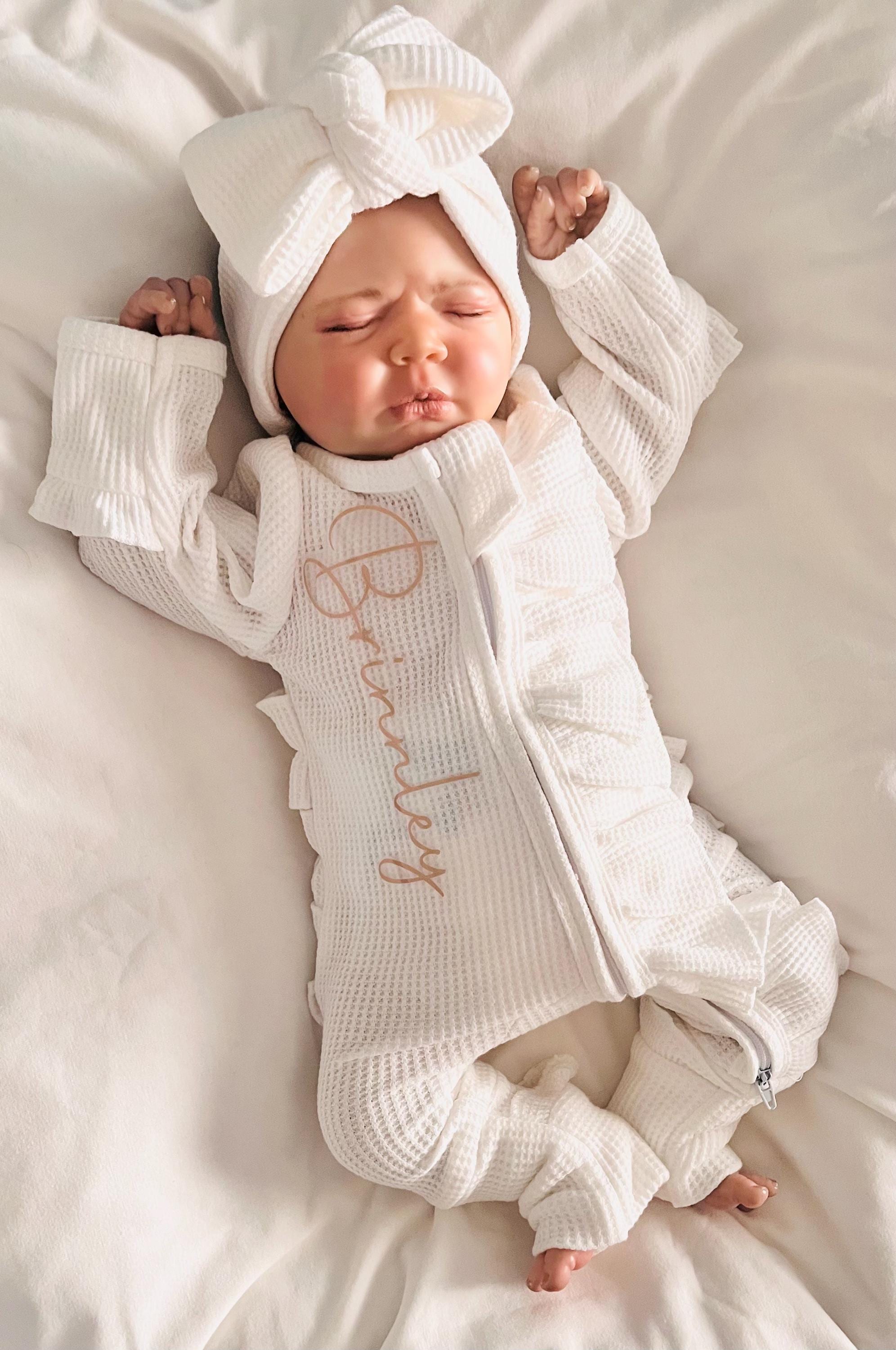 Baby girl coming home outfit, white zipper footies,baby shower gift, preemie outfit, personalized outfit, baby gift