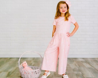 Girls Bunny Jumpsuit, Easter clothing, wide leg romper, spring clothing