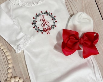 baby girl embroidered Christmas gown, newborn girl gown, my first Christmas outfit
