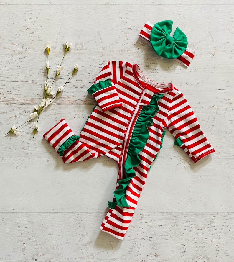 Baby girl Christmas footies romper, built in mittens and footies, newborn Christmas romper, take home outfit, baby holiday outfit, romper