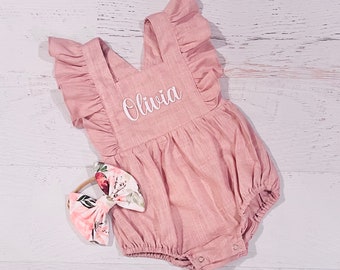 Baby girl summer outfit, bubble romper, blush pink linen, personalized romper, first birthday romper, cake smash