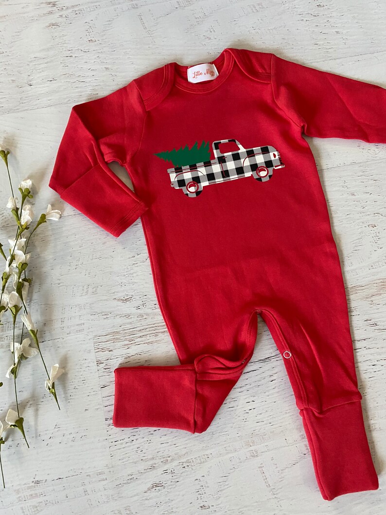 red footies romper, Christmas truck romper baby boy Christmas romper red romper Baby boy footies Christmas romper black plaid romper