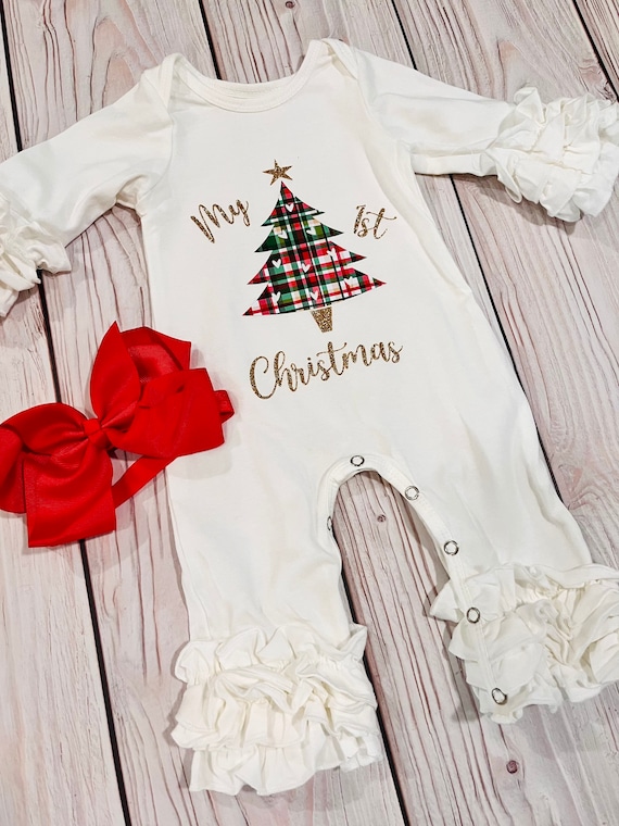 My first Christmas romper, coming home Christmas outfit, Christmas tree outfit