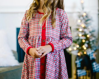 Girls Christmas dress, red holiday dress, holiday clothing, red plaid dress, red and green Christmas dress, boutique dress, ruffled dress