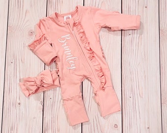 Baby girl Coming home outfit , personalized footies, newborn girl clothing, baby name reveal, baby girl gift, zipper footies, newborn gift