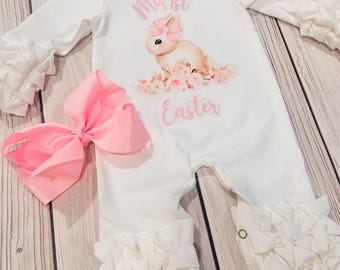 Baby girl Easter outfit, bunny romper, my first Easter outfit, newborn girl clothing, ruffled romper