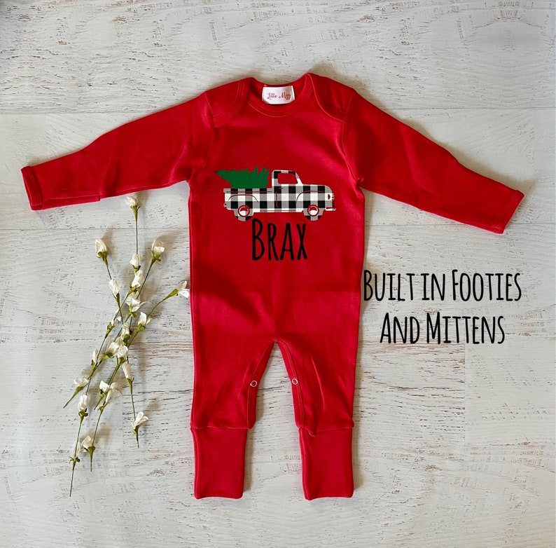red footies romper, Christmas truck romper baby boy Christmas romper red romper Baby boy footies Christmas romper black plaid romper