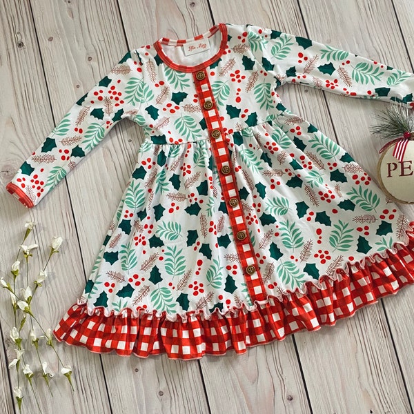 Girls Christmas dress , Christmas red dress, red checkered dress, holiday dress, girls ruffled boutique dress, toddler Christmas dress,