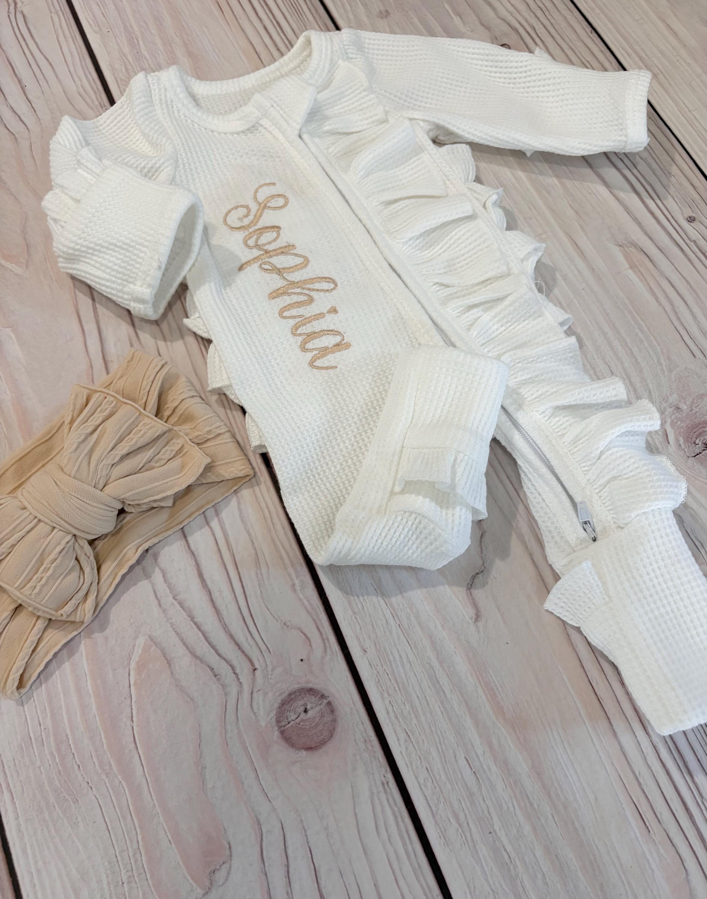 baby girl embroidered footies, white zipper footies, name reveal outfit, preemie newborn clothing