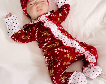 Baby girl Christmas zipper footies, my first Christmas outfit, coming home outfit