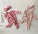 Dusty pink romper, Newborn Footie romper, mauve footies baby romper,mauve footie romper, blush striped pink romper 