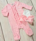 baby girl pink footies, embroidered name, coming home outfit, zipper footies