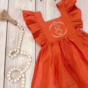 Girls embroidered fall dress, orange linen dress, personalized fall dress