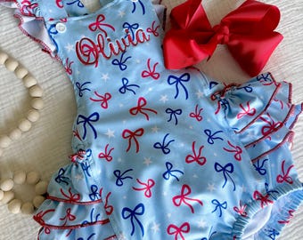 Baby girl embroidered 4th of July romper, personalized 4th of July outfit, coming home outfit, bow outfit