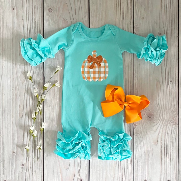 Halloween plaid pumpkin romper, baby pumpkin romper, Halloween outfit, aqua romper, Halloween outfit, mint aqua pumpkin romper