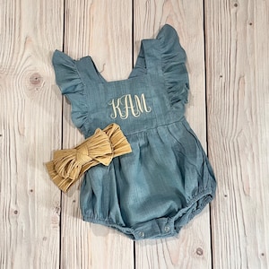 Baby girl embroidered bubble romper, blue linen romper, summer clothing, personalized gift