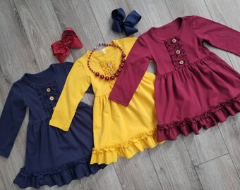 navy blue and mustard yellow dress
