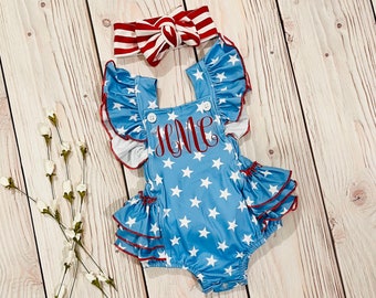 Baby girl star romper, 4th of July romper, patriotic romper, bubble romper, personalized 4th of July romper, summer romper, blue romper,