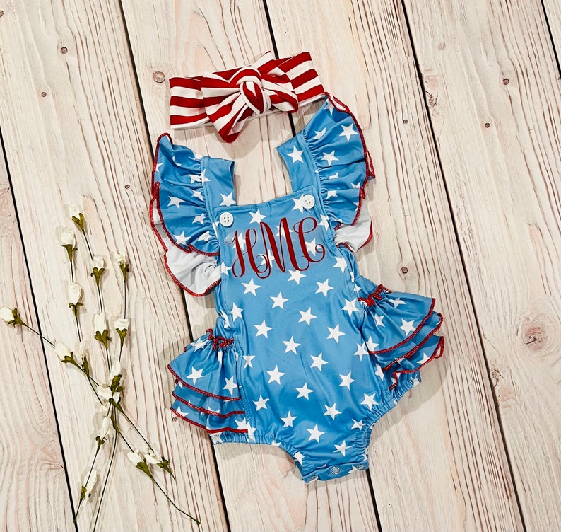 4th of July Girl Romper: Patriotic Star Outfit, Personalized, smash cake, red glitter