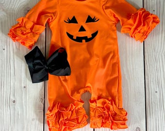 newborn girl pumpkin costume, pumpkin romper, Halloween costume newborn
